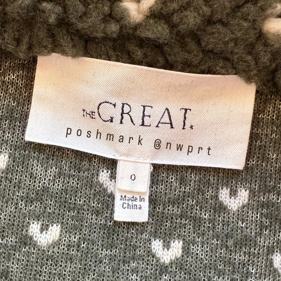 THE GREAT🏕️ Countryside Sherpa Heart Sweater Pullover Jacket Olive Green 0 XS - Picture 6 of 13